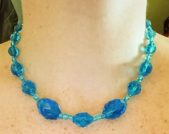 Art Deco Vivid Dark Aqua Blue Graduated & Faceted Czech Glass Bead Choker Style Necklace / Collectable Faceted Rich Blue Czech Glass Beads