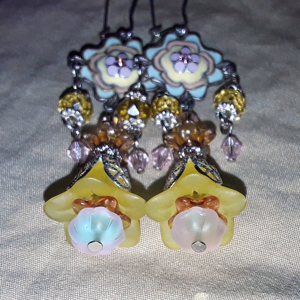 Vintage Style Lucite Czech Glass and Swarovski Crystal Flower Chandelier Earrings / Layered Pastel Bell Earrings with Unique Enameled Panel