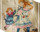 Antique Pair of Silk Handkerchiefs with Images of Adorable Children Playing Pretty 1900-1910 Silk Hanky Set with Pink and Yellow Trim
