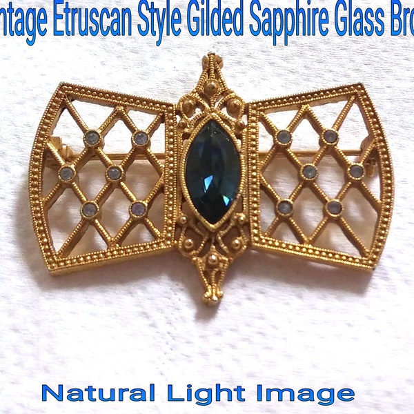 Vintage Etruscan Style Brooch with Lattice Work Design and Sapphire Glass Navette Centerstone / Lovely Gold Brooch with Blue Crystals