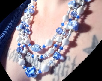 Fun Vintage Signed Japan Triple Strand Blue Foil and White Milk Glass Triple Strand Necklace / Rare Graduated Japan Foil Art Glass Necklace