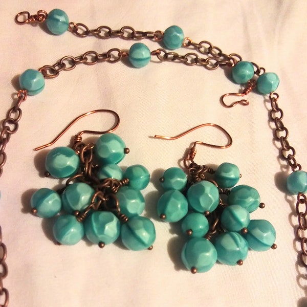 Vintage Style Copper Chain Link &  Smurf Blue German Satin Glass Bead Bib Necklace with Matching Cluster Earrings / Satin Glass Demi Parure