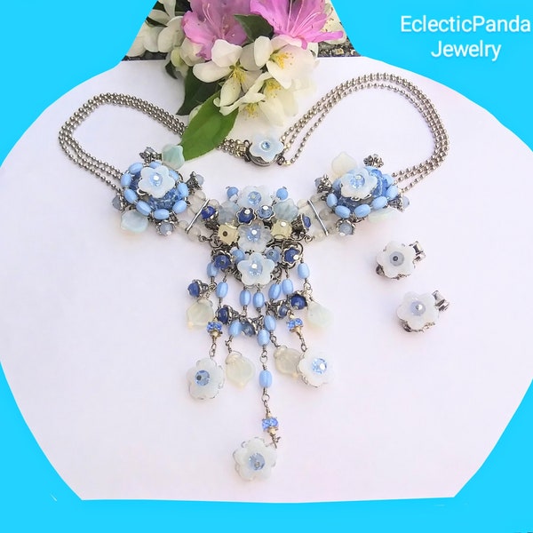Lalique Opaline Glass Flower Panel Necklace with Matching Clip Earrings / Vintage Style Floral Glass Bead Demi Parure / Blue Bridal Jewelry