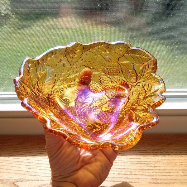 Delicious Honey Topaz Carnival Glass Blackberry & Nut Display Dish / Collectable Vintage Carnival Glass Luster Bowl / Elegant Fall Decor