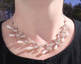 Elegant Articulated Sterling Silver Enameled Glass Pearl and Crystal Cala Lilly Necklace / Unique Layered & Splayed Flower Bib Necklace