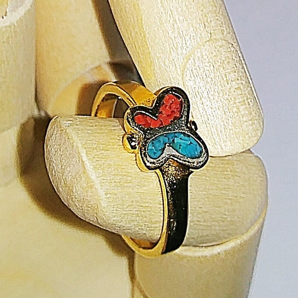 Dainty 1950s Coral and Turquoise Butterfly Artisan Ring - Size 3 / Adorable Child's Blue Turquoise and Red Coral Mosaic Inlay Gold Ring
