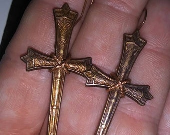 Long Gothic Antiqued Copper Metal Medieval Style Crucifix Sword Earrings / Handmade Religious Statement Earrings / Unique Jewelry Gifts