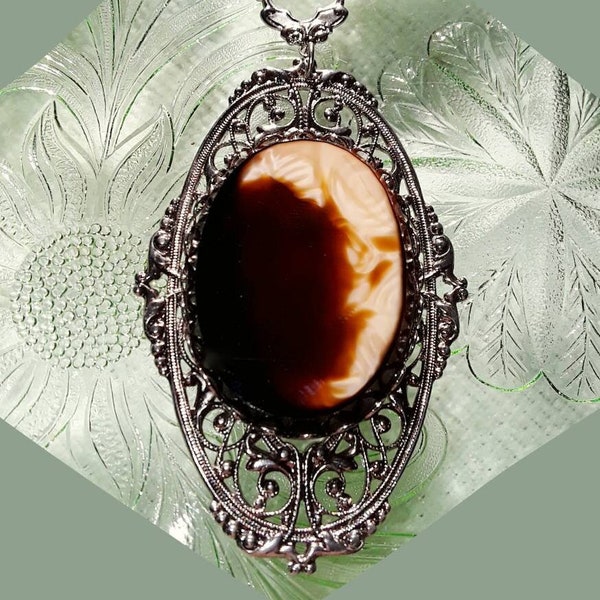 Huge Unique 3" Swirled Shimmery Caramelized Satin Glass Pendant Necklace / Unsigned Whiting & Davis Filigreed Oval Glass Pendant on Chain