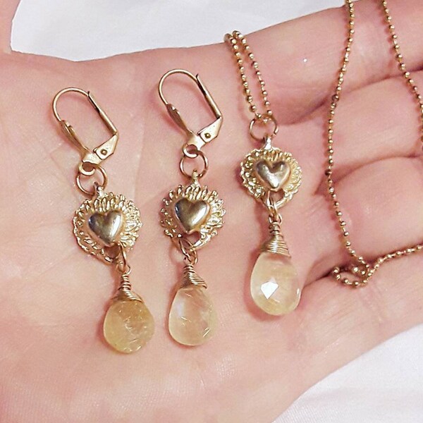 Brass Hearts and Golden Rutilated Quartz Briolette Drop Earrings with Matching Pendant / Angel Hair Quartz Jewelry with Golden Striations