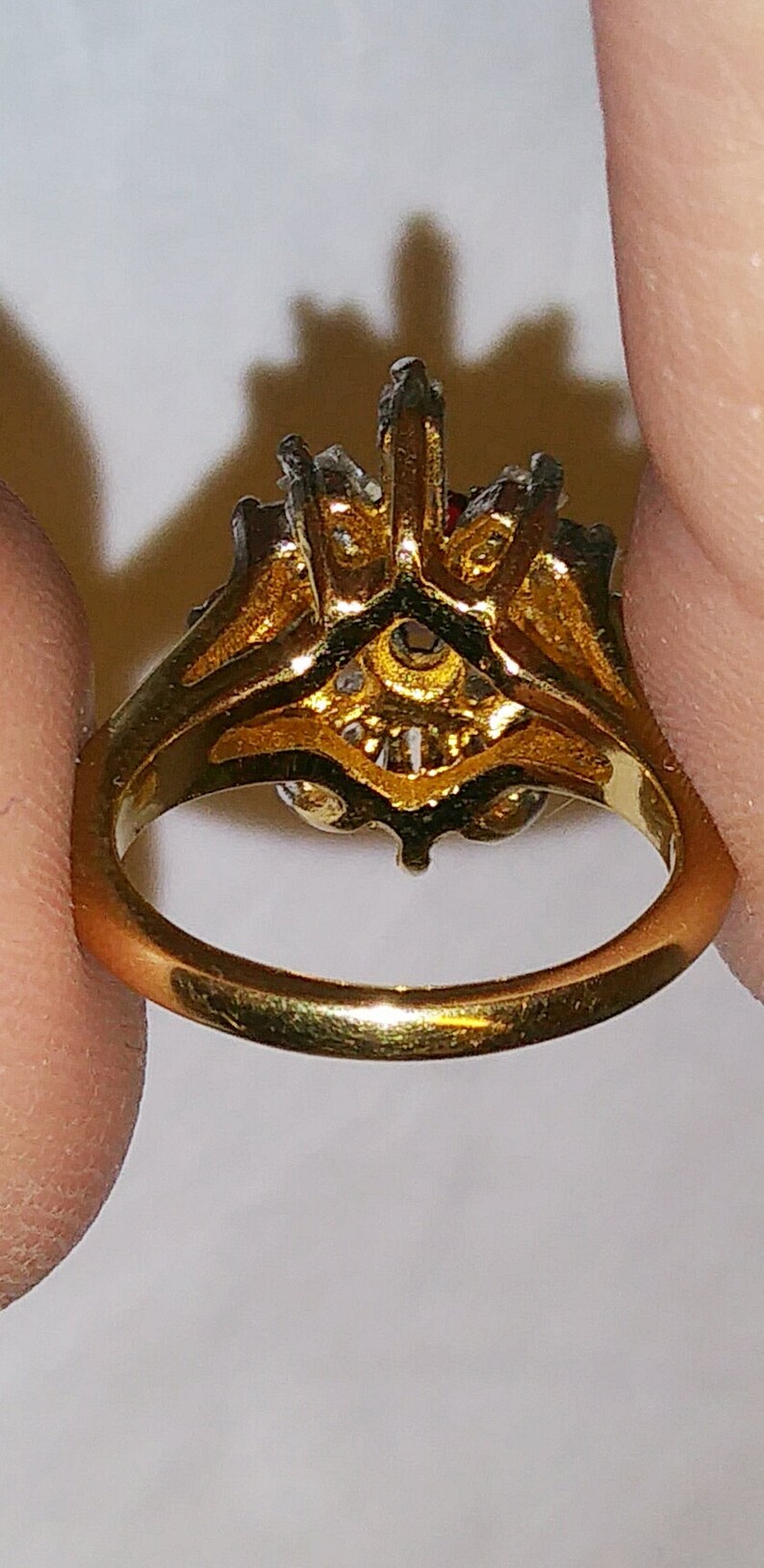 Roaring 1920s Art Deco Ruby and Diamond Paste Cocktail Ring Antique 18K HGE Starburst Style Ruby Ring With UK Birmingham Assay Stamp