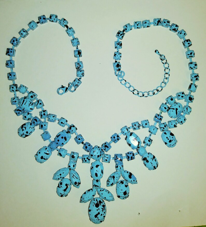 Vintage Spotted Turquoise Rhinestone Bib Necklace Wild and Unique Painted 1980s Statement Necklace Jackson Pollock-like Art Necklace