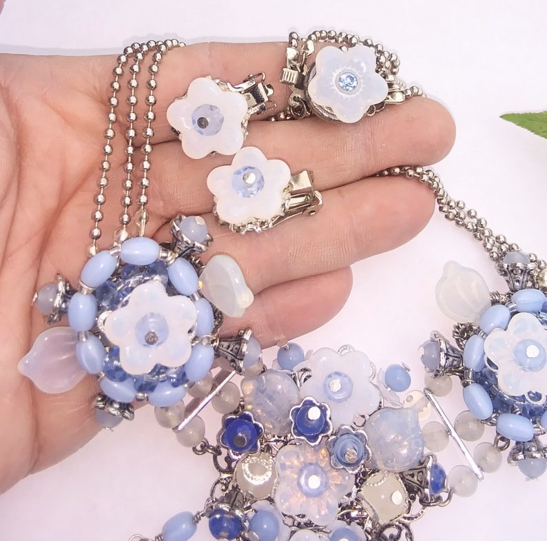 Lalique Opaline Glass Flower Panel Necklace with Matching Clip Earrings / Vintage Style Floral Glass Bead Demi Parure / Blue Bridal Jewelry image 4