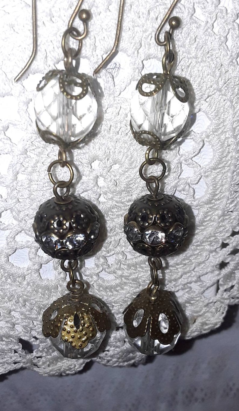 Elegant Vintage Style Antiqued Filigree Brass and Hand Cut Clear Crystal Drop Earrings Long Ornate Brass Rhinestone and Crystal Earrings