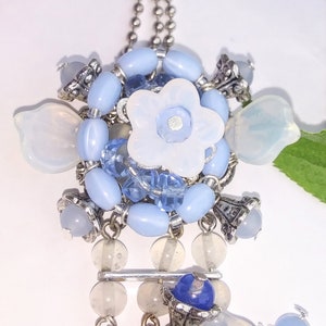 Lalique Opaline Glass Flower Panel Necklace with Matching Clip Earrings / Vintage Style Floral Glass Bead Demi Parure / Blue Bridal Jewelry image 3