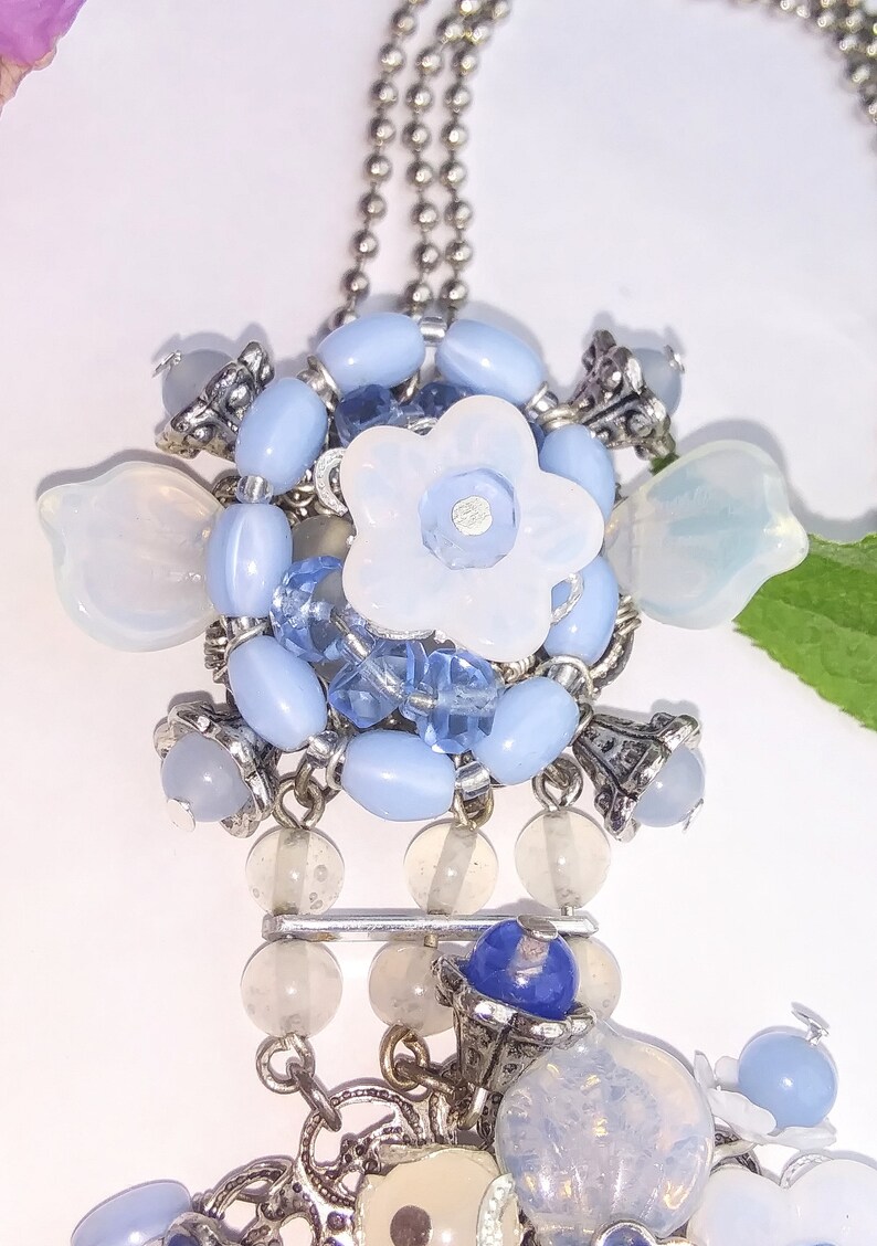 Lalique Opaline Glass Flower Panel Necklace with Matching Clip Earrings / Vintage Style Floral Glass Bead Demi Parure / Blue Bridal Jewelry image 3