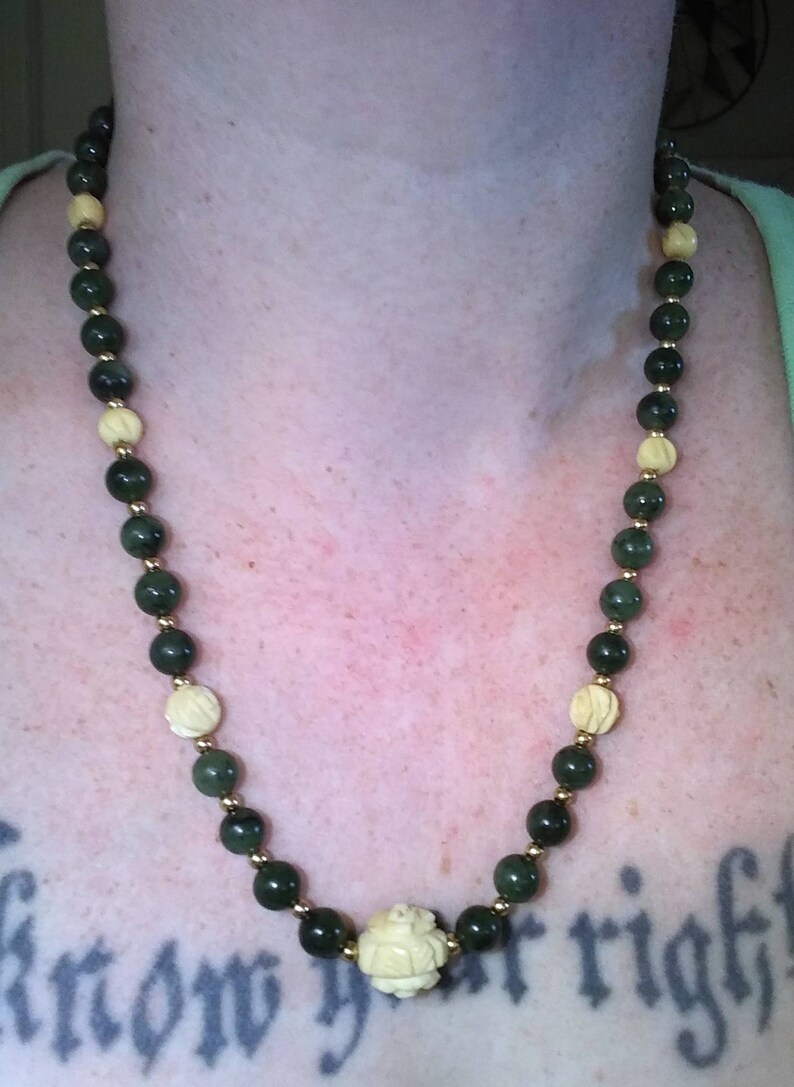 Antique Spinach Green Nephrite Jade & Carved Bone Necklace / Etsy