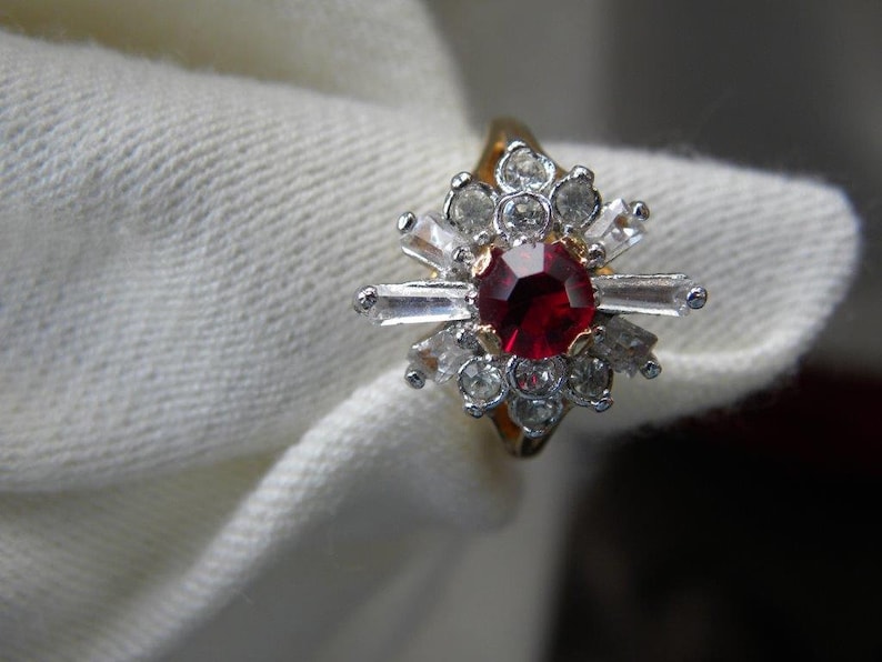 Roaring 1920s Art Deco Ruby and Diamond Paste Cocktail Ring Antique 18K HGE Starburst Style Ruby Ring With UK Birmingham Assay Stamp