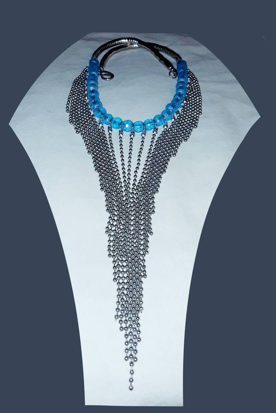 Vintage 1980s Ball & Chain Bib Necklace with Blue… - image 10