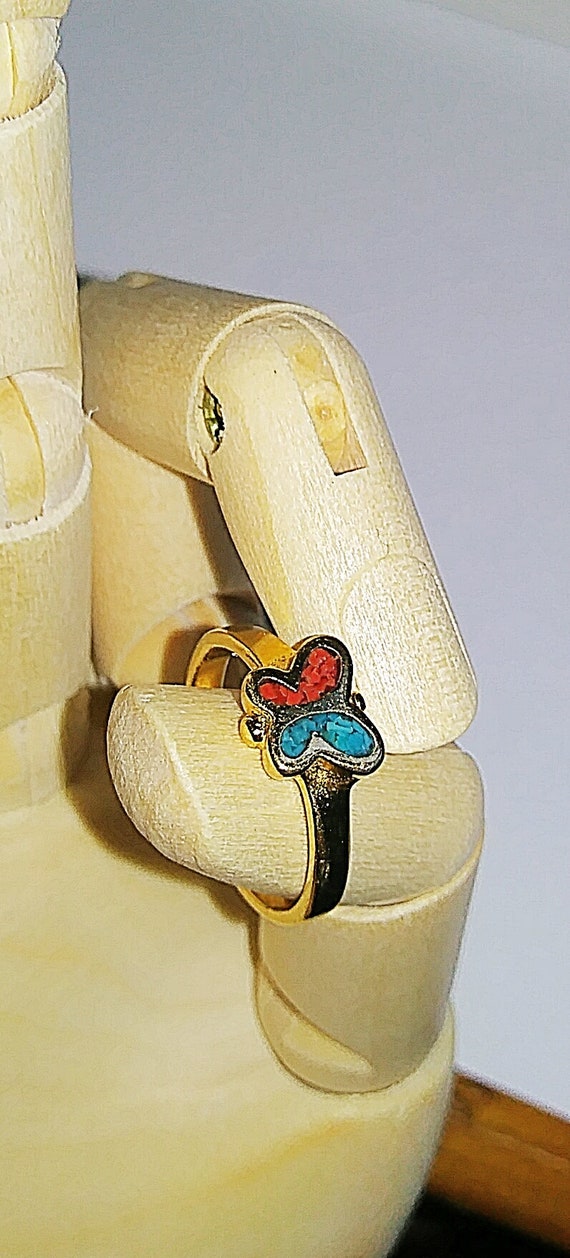 Dainty 1950s Coral and Turquoise Butterfly Artisa… - image 1