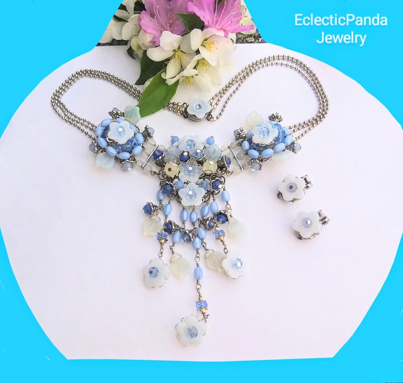 Lalique Opaline Glass Flower Panel Necklace with Matching Clip Earrings / Vintage Style Floral Glass Bead Demi Parure / Blue Bridal Jewelry image 1