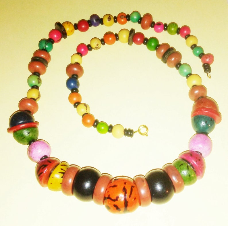 Colorful Celluloid Plastic and Wood Faux Fruit Pit Demi-Parure Vintage Matching Early Plastics Necklace and 3 Rings Jewelry Set Earrings