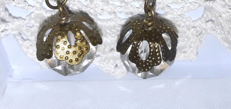 Elegant Vintage Style Antiqued Filigree Brass and Hand Cut Clear Crystal Drop Earrings Long Ornate Brass Rhinestone and Crystal Earrings