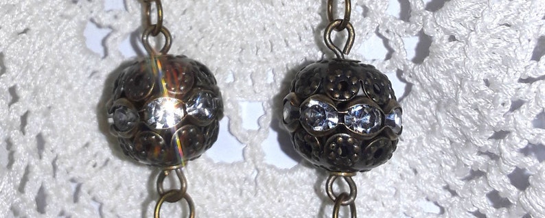 Elegant Vintage Style Antiqued Filigree Brass and Hand Cut Clear Crystal Drop Earrings Long Ornate Brass Rhinestone and Crystal Earrings