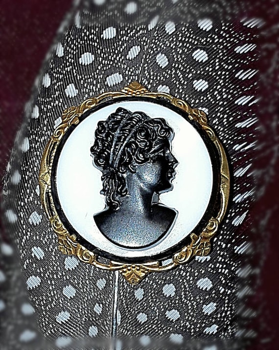 Vintage Milk Glass and Black Lucite Cameo Brooch … - image 1