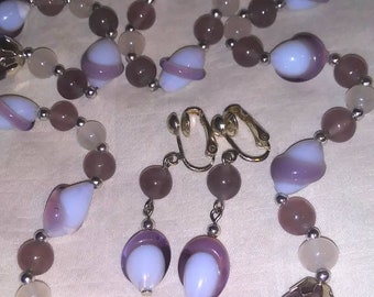 Ethereal Signed Japan Opalescent and Swirled Purple Glass Necklace / Vintage Japanese Art Glass Necklace with Matching Clip Earrings