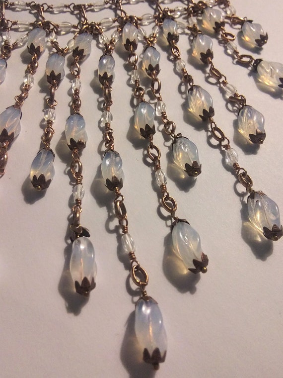 Cascading Antique Opalescent Glass Bib Necklace / 