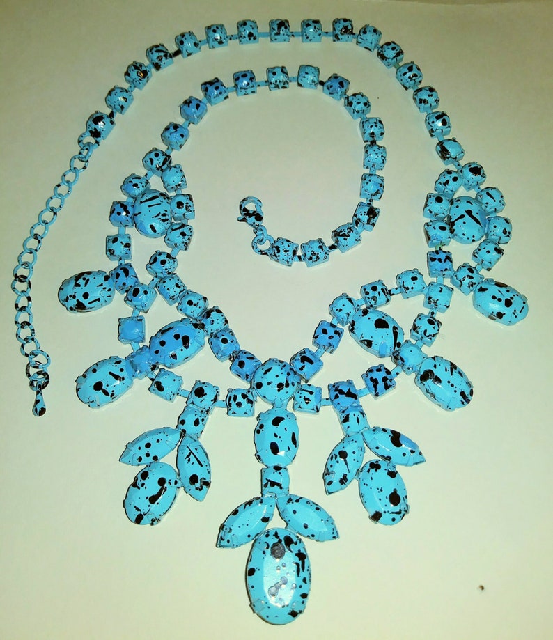 Vintage Spotted Turquoise Rhinestone Bib Necklace Wild and Unique Painted 1980s Statement Necklace Jackson Pollock-like Art Necklace