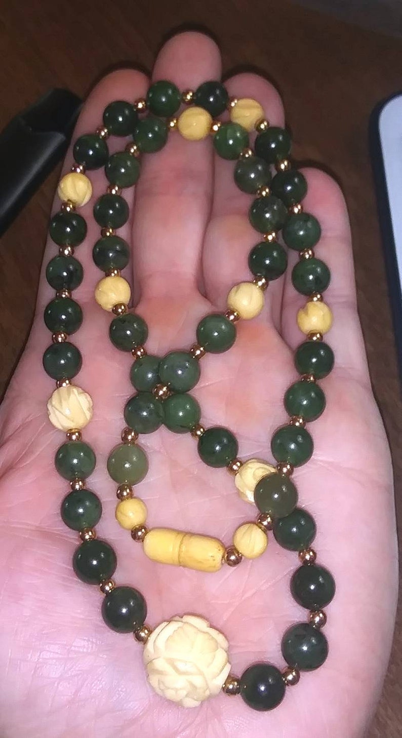 Antique Spinach Green Nephrite Jade & Carved Bone Necklace / Etsy