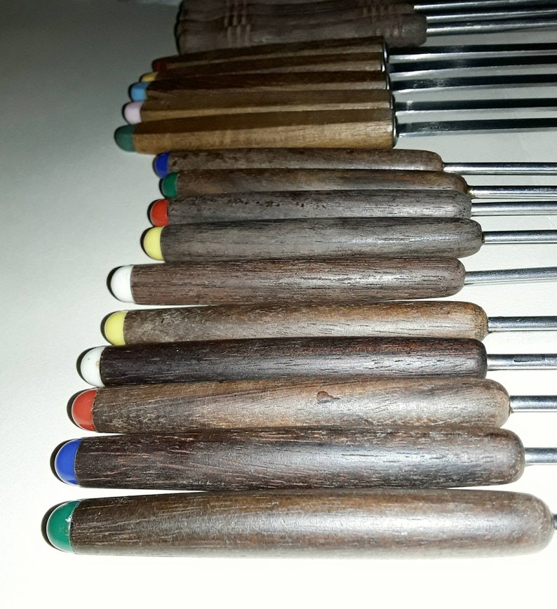 Large 20 Piece Vintage 1960s Fondue Fork Collection Teak Handle Japanese Stainless Steel Fondue and Serving Forks with Retro Colored Ends