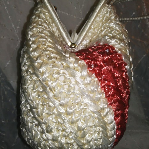 1960s Woven Cream and Salmon Colored Raffia Straw Purse from Japan / Large Vintage 