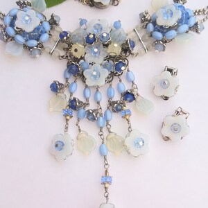 Lalique Opaline Glass Flower Panel Necklace with Matching Clip Earrings / Vintage Style Floral Glass Bead Demi Parure / Blue Bridal Jewelry image 5