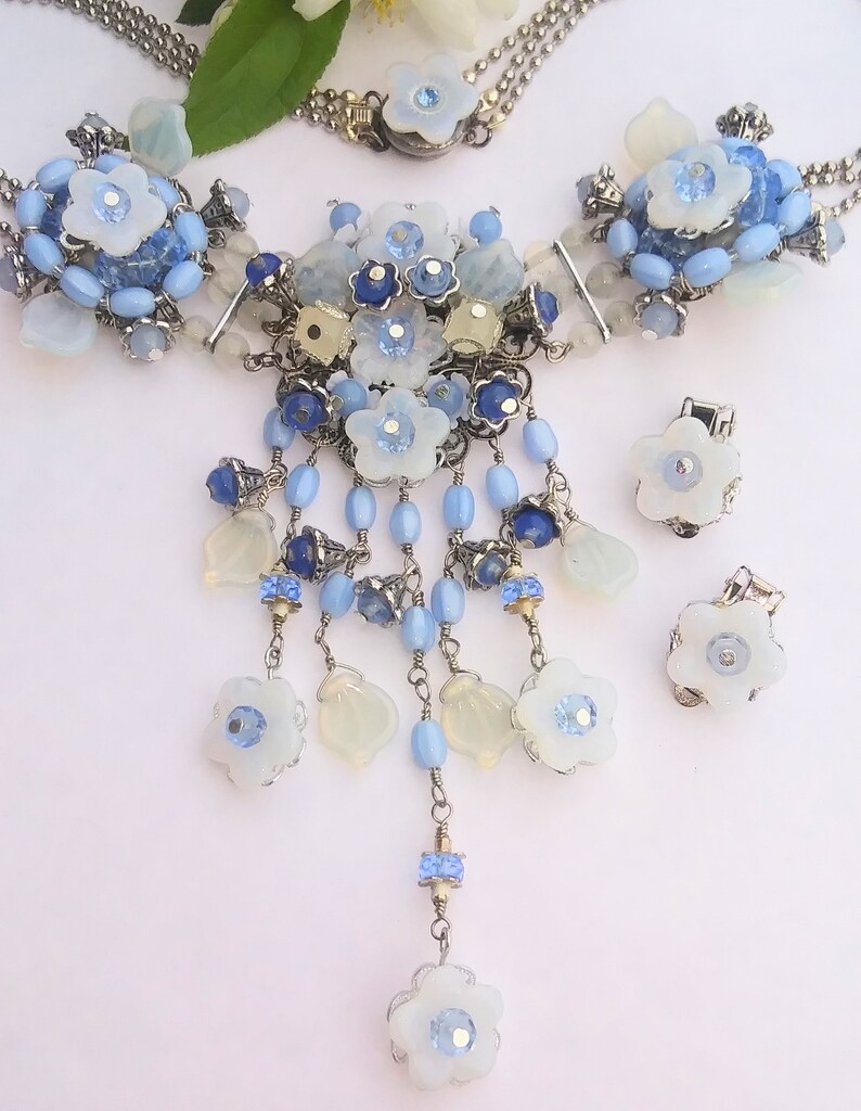 Lalique Opaline Glass Flower Panel Necklace with Matching Clip Earrings / Vintage Style Floral Glass Bead Demi Parure / Blue Bridal Jewelry image 5