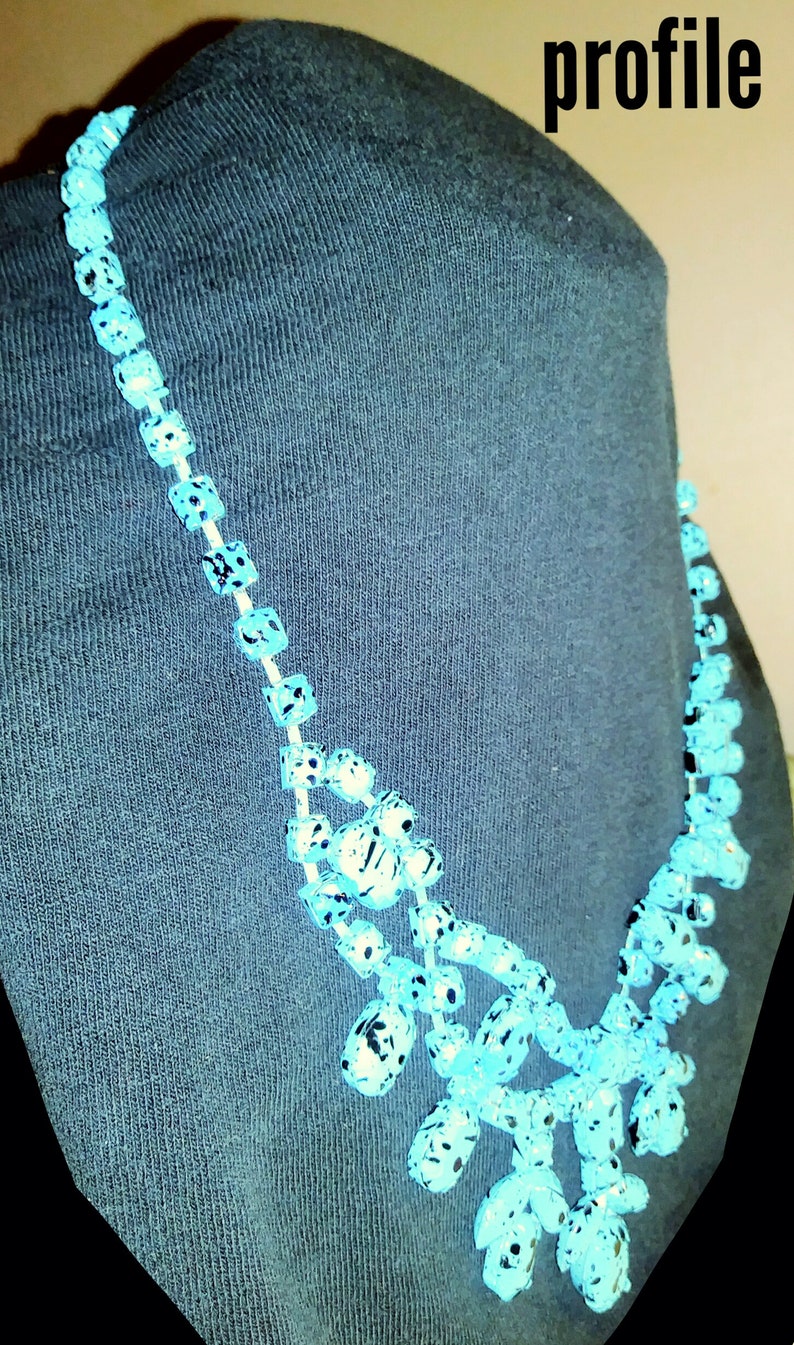 Vintage Spotted Turquoise Rhinestone Bib Necklace Wild and Unique Painted 1980s Statement Necklace Jackson Pollock-like Art Necklace