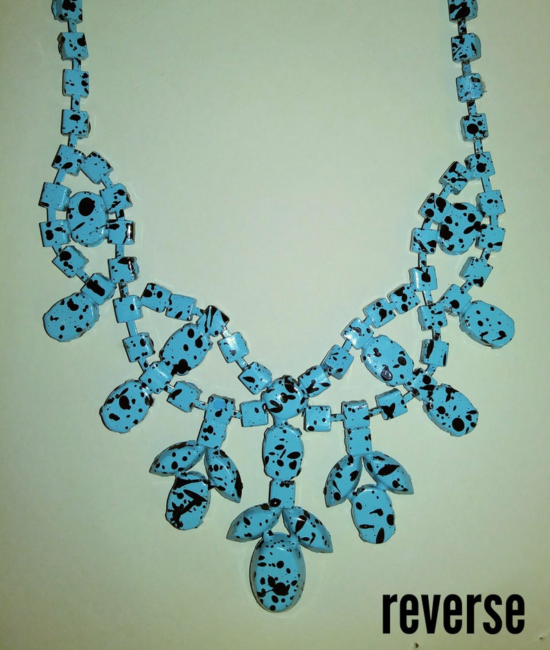 Vintage Spotted Turquoise Rhinestone Bib Necklace Wild and Unique Painted 1980s Statement Necklace Jackson Pollock-like Art Necklace