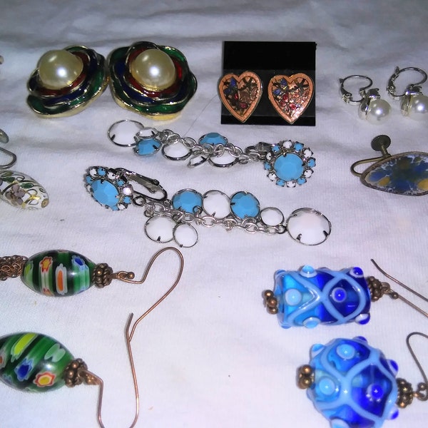 Assorted Lot of New & Vintage Glass Bead Earrings / 14 Matching Pairs of Colorful Cluster and Clip On Earrings / Instant Jewelry Collection