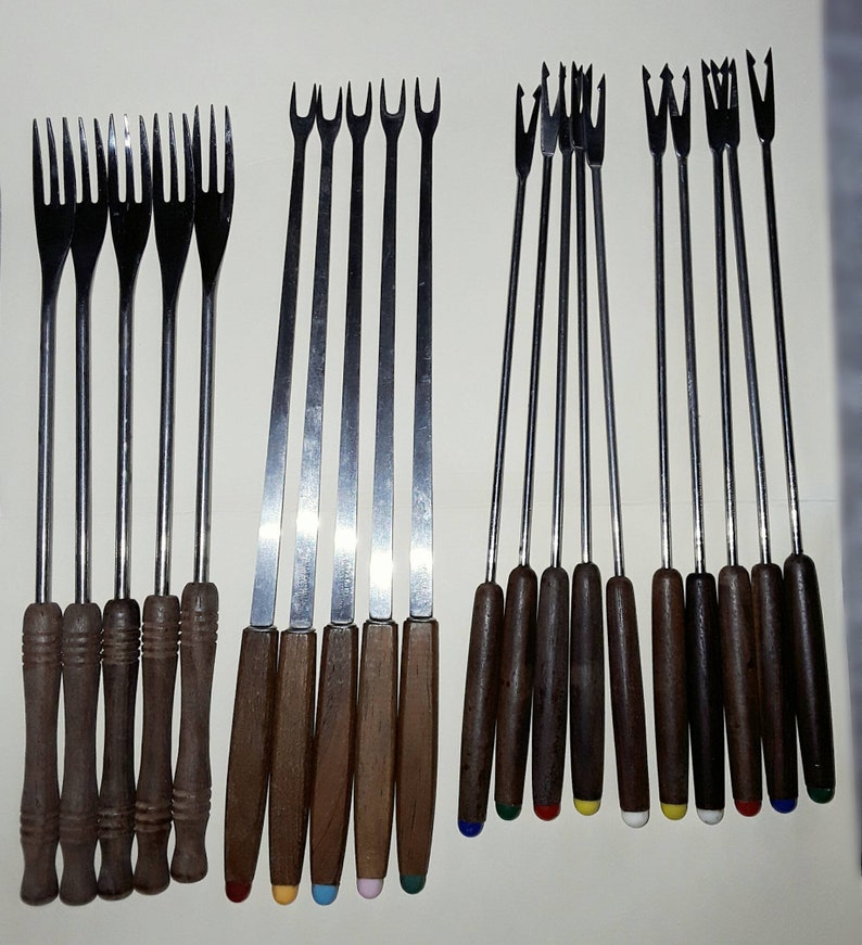 Large 20 Piece Vintage 1960s Fondue Fork Collection Teak Handle Japanese Stainless Steel Fondue and Serving Forks with Retro Colored Ends
