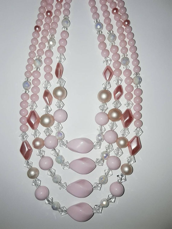 Mid-Century Pink Lucite and AB Opaline Glass Bead… - image 1