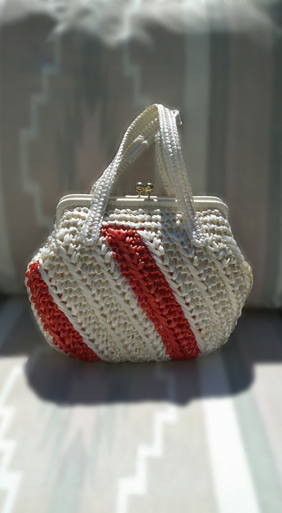 1960s Woven Cream and Salmon Colored Raffia Straw 