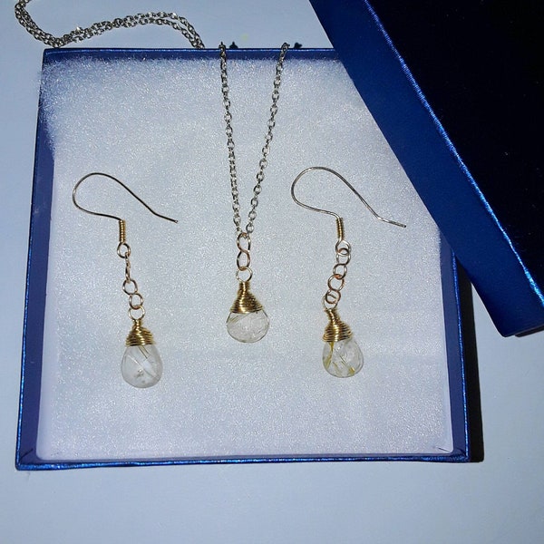 Golden Rutilated Quartz Briolette Earrings with Matching Drop Pendant Necklace / Artisan Crafted High Brass Wire Wrapped Quartz Jewelry Set