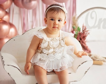 Gâteau Smash tenue Handmade Baby Girl 1st Premier Anniversaire Tenue Peach Blush Set 
