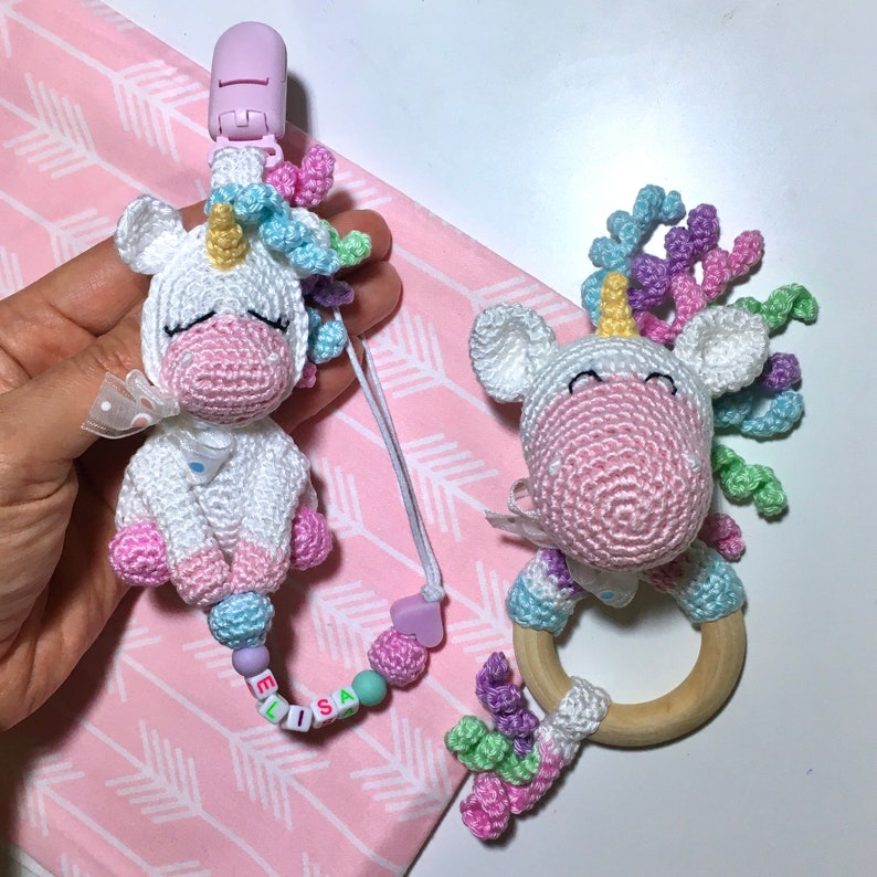 newborn and toddler 1 year birthday baby rattle Gift idea for baby girl pacifier clip Unicorn Toys Baby shower gift set: stuffed unicorn