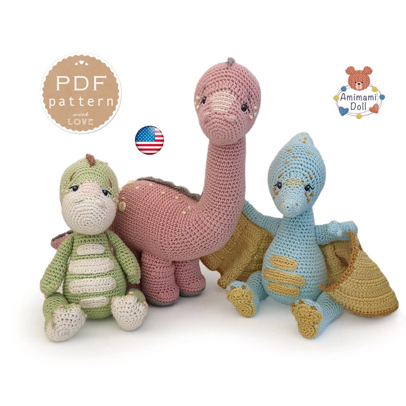 Instruction PDF pour tricoter 3 dinosaures - Créatrice ETSY : AmimamiDoll 
