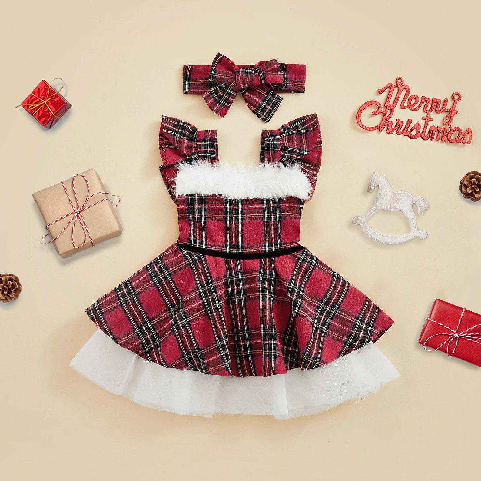 Christmas Plaid Dress for Newborn Girl Floral Crown Red Etsy