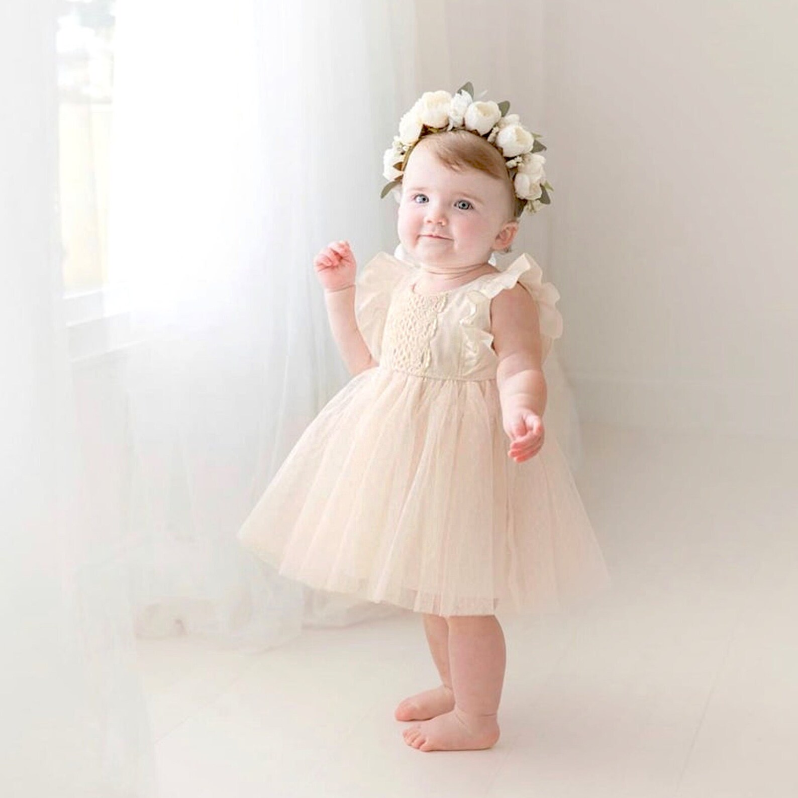 Boho Baby Girl Dress White Floral Crown. Beige Ivory Lace Etsy