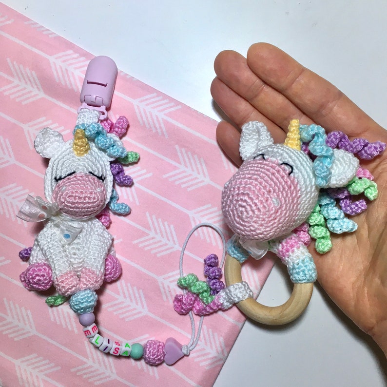 newborn and toddler 1 year birthday baby rattle Gift idea for baby girl pacifier clip Unicorn Toys Baby shower gift set: stuffed unicorn