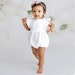White baby girl romper for photo, Simple Smash cake outfit girl photoshoot or baptism, Flutter sleeve muslin ruffle jumpsuit for Newborn 